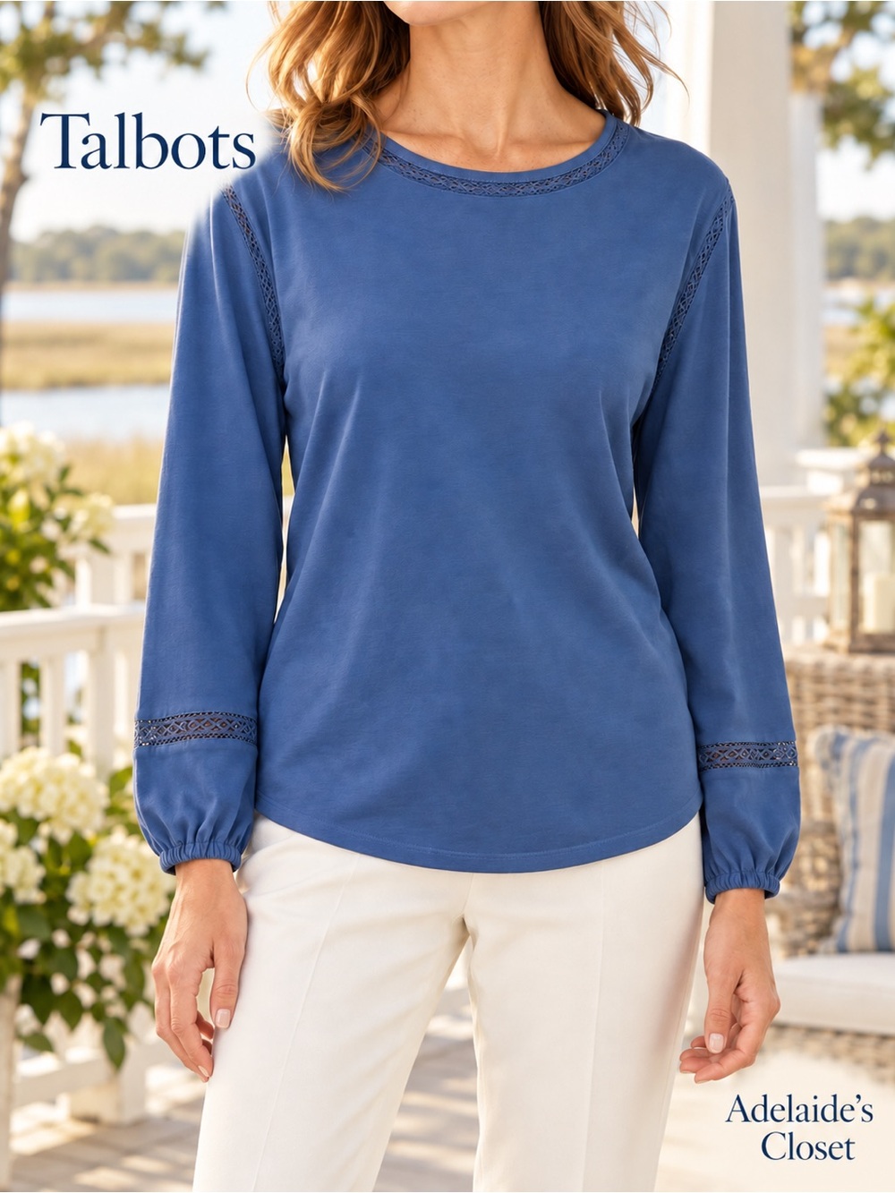 Talbots Modern Romance Lace Trim Top Navy Dusk Blue Women’s Large NWT